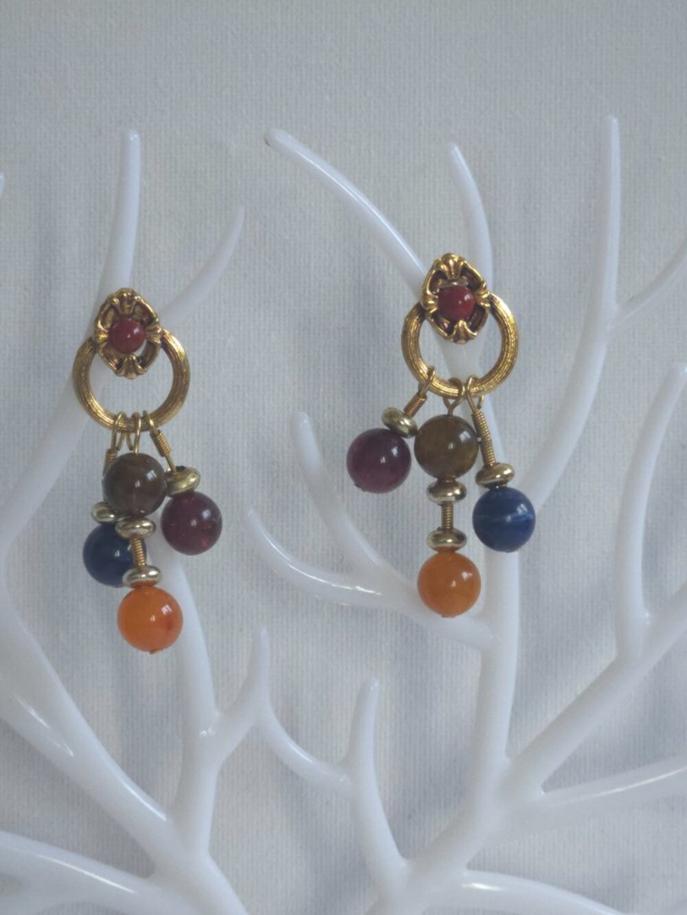 Vintage Beaded Dangle Earrings Gold Tone Statement‎ Multi Color Bead Drop Posts